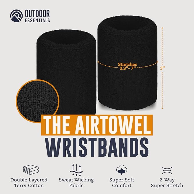 OutdoorEssentials Sweatbands & Wristbands - Wrist Sweat Bands Headbands for Men & Women - Multipack Terry Cloth Headbands or Wrist Bands for Working Out, Tennis, Basketball, Football, Gymnastics