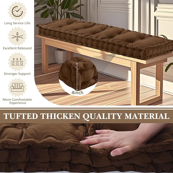 Bench Cushions for Indoor Furniture 42x16 in Velvet Kitchen Dining Piano Window Seat Cushion, Tufted Patio Porch Swing Thicken Bench Pad Memory Foam(Brown)