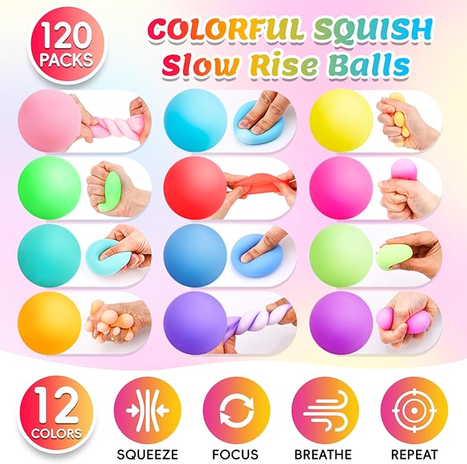 120 Pack Stress Balls, Slow Rising Stress Balls for Kids Adults, Stretchy Fidget Ball for Stress Relief, Hand Therapy Sensory Squishy Ball, Classroom Prize Box Party Favors