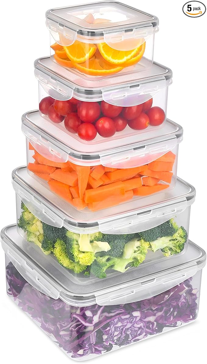 5pc Food Storage Containers with Lids, Airtight Leakproof BPA Free Plastic Meal Prep Boxes, Stackable Nesting Kitchen Containers, Reusable Freezer Dishwasher Safe for Snacks, Fruit & Leftovers