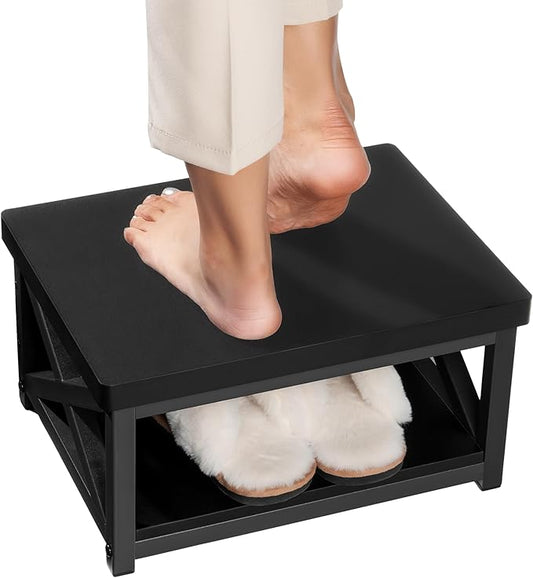 Wooden Step Stool for Adults & Kids with Patented Bottom Shelf – Anti-Slip Rubber Feet, Heavy-Duty Steel Frame, 500 lbs Capacity – Small Step Stool for Bed, Bathroom & Kitchen – Black