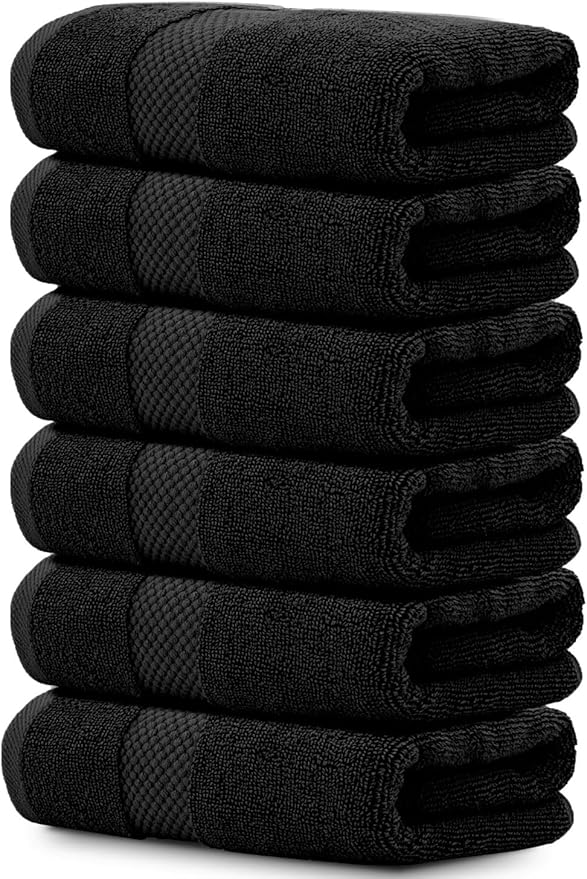White Classic Luxury Hand Towels | Cotton Hotel spa Bathroom Towel | 16x30 | 6 Pack | Black