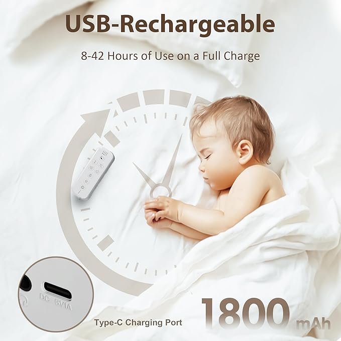 Raynic White Noise Machine, 42 Soothing Sounds Noise Machine, Rechargeable Battery Sound Machine with 8 Volumes, 5 Timers, Type-C Port, Headphone Jack for Baby, Adult, Home, Travel, Office