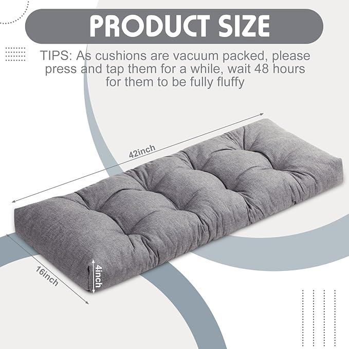 2 Pack Outdoor Bench Cushion Patio Waterproof Porch Swing Cushions Tufted Memory Foam Bench Seat Pads Thicken Non Slip for Outside Indoor Garden Furniture Wicker Loveseat Settee(Gray,42x16 Inch)