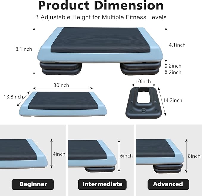 28.5'' Exercise Aerobic Step Platform, 4-6-8inAdjustable Fitness Stepper Workout with 4 Stackable Risers, Aerobics Stepper Workout Stepper for Home Gym Cardio Strength & Training (Red & Gray)