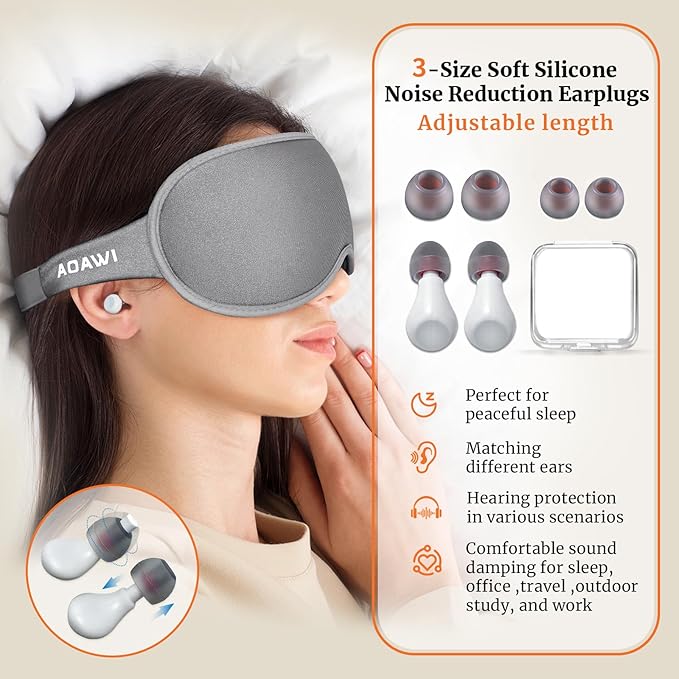 Sleep Eye Mask 3D Contoured Cup Soft and Gentle, Breathable, Comfortable for Side Sleeping, Travellers, Yoga, Men, Women, Adjustable, with Silicone Ear Plugs for Sleeping Noise Reductions
