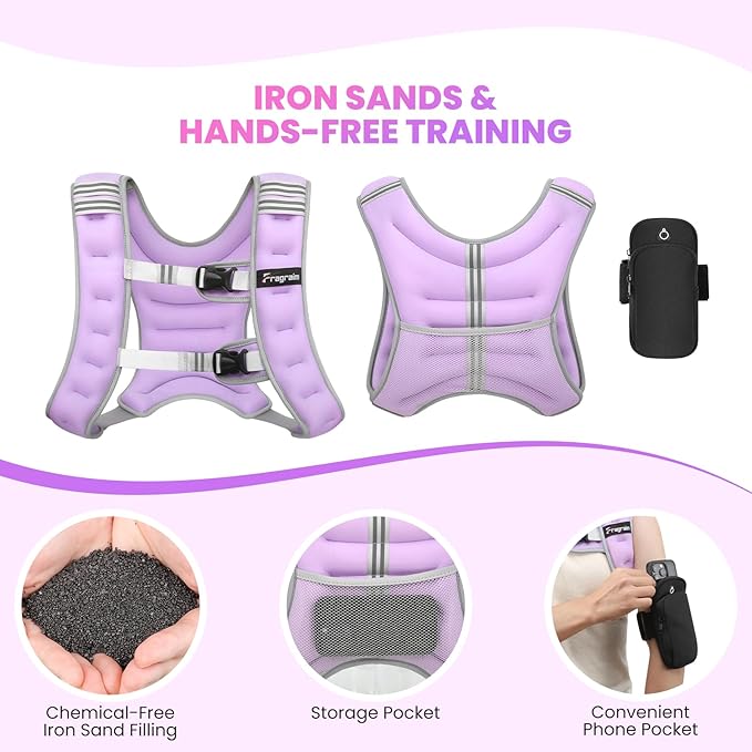 Fragraim Weighted Vest for Women Men - 8lb/10lb/12lb/16lb/22lb/25lb/30lb Weight Vest with Reflective Stripe, Detachable Phone Pouch, Ideal for Walking, Strength Training, Running, Workout, Cardio