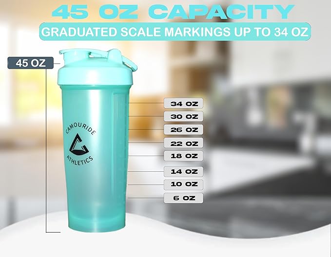 2 Pack 45 oz Protein Shaker Bottles with Wire Whisk – BPA-Free, Leak-Proof Shaker Cups for Protein Shakes & Smoothies – Large Plastic Mixer Bottle – Classic White Titan Turquoise