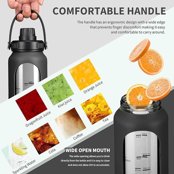 32 oz Glass Water Bottles with 2 Lids-Handle Spout Lid & Straw Lid 1 Liter Motivational Borosilicate Water Bottle with Silicone Sleeve and Time Marker,Leakproof