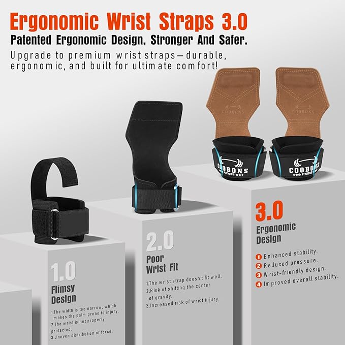 Lifting Wrist Straps for Weightlifting, Double Layer Leather for Weight Lifting Wrist Wraps, Deadlifts, Heavy Powerlifting and Adjustable Wrist Hooks for Strength Training, Gym Workouts Men/Women