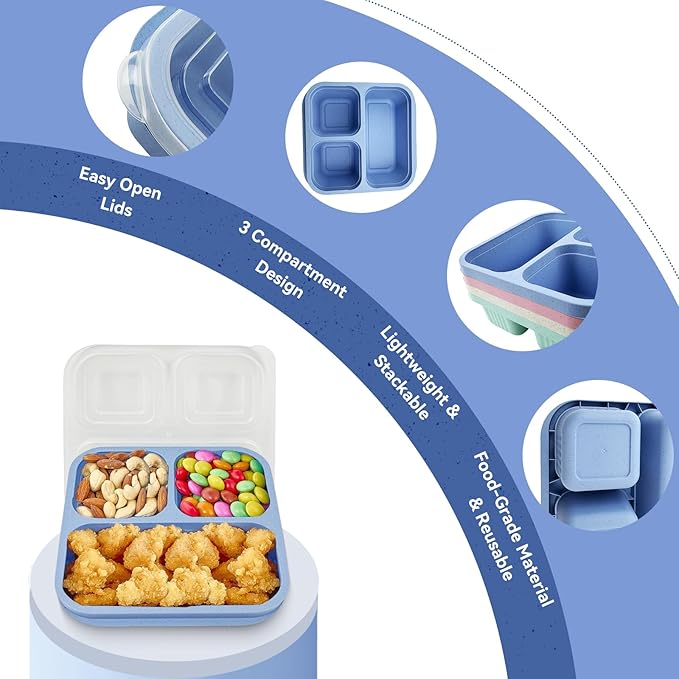 3 Compartment Snack Containers, 4 Pack Reusable Wheat Bento Snack Boxes, Stackable Divided Food Meal Prep Containers for Work, Travel (Green/Blue/PK/Beige, 3 Compartments)