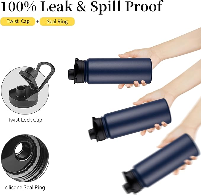 24 oz Insulated Water Bottle with Straw Lid & Wide Mouth Lids, Stainless Steel Sports Water Bottles, Double Walled Vacuum, Leak Proof, Blue Black Gradient