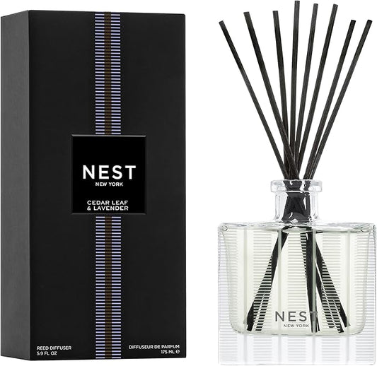 NEST New York Reed Diffuser, Cedar Leaf & Lavender - 5.9 fl oz - Fragrance for Up to 90 Days - Reusable, Refillable Glass Holder - Includes 8 All-Natural Reed Sticks - Flame Free