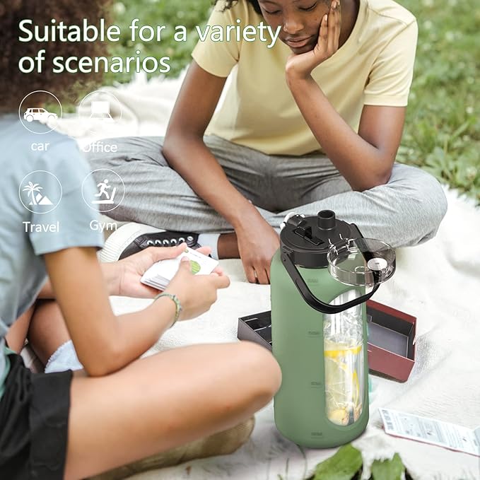 BLUEGO 64oz Glass Water Bottles with Straw Time Marker Half Gallon Large Motivational Water Bottle with Silicone Sleeve 2 Liter Large Glass Water Jug for Gym, Sports& Workout, Daily, Olive