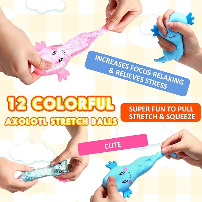 Meooeck 12 Pack Axolotl Stress Relief Toys Glitter Axolotl Starfish Stress Balls Fun Relaxing Squeeze Fidget Toys Relieve Anxiety Squeeze for Birthday Party Goodie Bag Stuffers(Cute)
