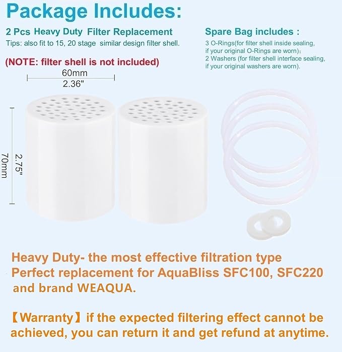 Heavy Duty Shower Filter Replacement Cartridge 2 Pcs, Shower Head Filter Refill Cartridge, for Hard Water Chlorine Heavy Metal Impurity, Improve Skin Hair, Fit Any Similar Design Shower Water Filter