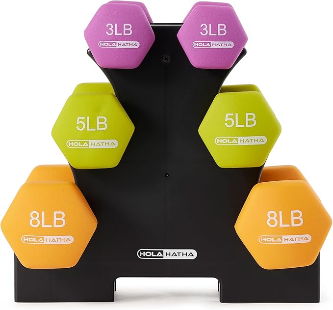 HolaHatha 2, 3, 5, 8, and 10 Pound Neoprene Dumbbell Free Hand Weight Set with Rack, Ideal for Home Exercises to Gain Tone and Definition, Pastel