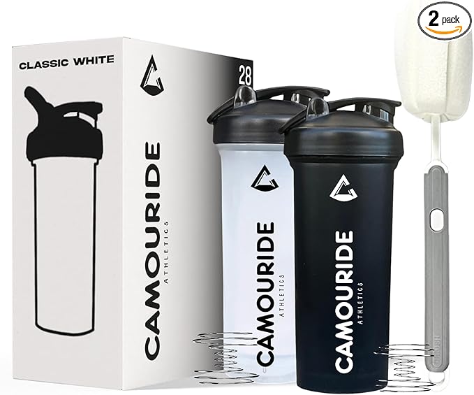 2 Pack 28 oz Protein Shaker Bottles with Wire Whisk and Washing Brush – BPA-Free, Leak-Proof Shaker Cups for Protein Shakes & Smoothies – Large Plastic Mixer Bottles – Classic White & Midnight Black