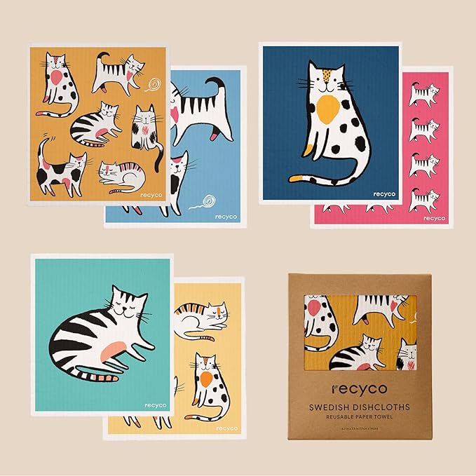 RECYCO Swedish Dishcloths for Kitchen | 6 Pack Cuddly Cats Washable Dish Rags | Cellulose Reusable Cleaning Paper Towels | Absorbent Counter Dish Cloth Sponge Kitchen Wipes, 8" L x 7" W