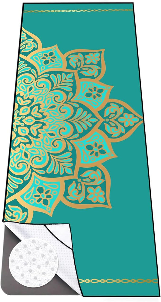 Colorful Star Large Yoga Mat Towel with Corner Pockets, Non Slip Grip Dots Absorbent Hot Yoga Towels, Yoga Blankets with Travel Bag, Mat Cover for Workout, Gym, Fitness - 74"x26", Turquoise Mandala