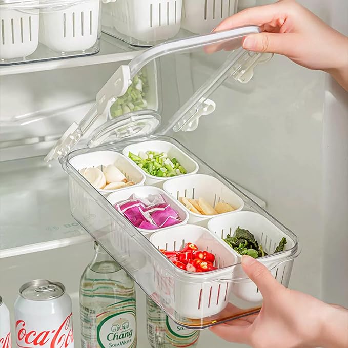 MineSign Divided Food Serving Tray with Lids Stackable Snackle Box for Candy Nuts Spice Fruit&Veggie Container with 6 Small Dividers Plastic Storage Bins for Fridge Pantry Freezer