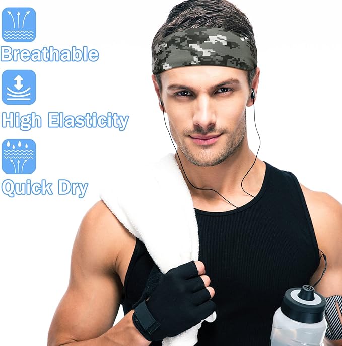 9 pcs Sweatbands for Men Workout Sport Headbands for Men Camo Headband Sweat Absorbing Headband Wide Sweatband for Head Basketball Football Cycling Running Yoga, 4.7 x 9.8 Inch