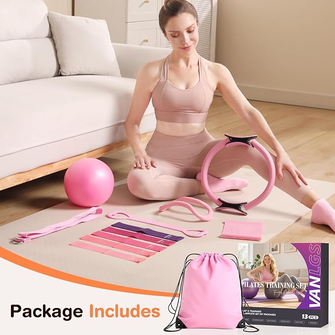 Pilates Equipment at Home Essentials Pilates Kit for Women 13Pcs Pilates Workout Set with 13” Ring, 10” Ball and Resistance Bands Set for Beginners