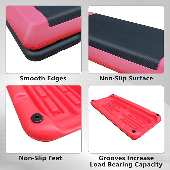 28.5'' Exercise Aerobic Step Platform, 4-6-8inAdjustable Fitness Stepper Workout with 4 Stackable Risers, Aerobics Stepper Workout Stepper for Home Gym Cardio Strength & Training (Red & Gray)