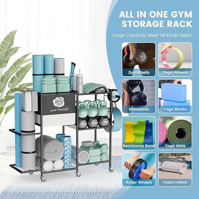 Yoga Mat Storage Rack,Home Gym Storage Rack Gym Workout Equipment Storage Organizer Fitness Weight Rack on Wheels for Yoga Mat,Yoga Block,Foam Roller,Resistance Band,Dumbbell,Kettlebell and Other Workout Accessories