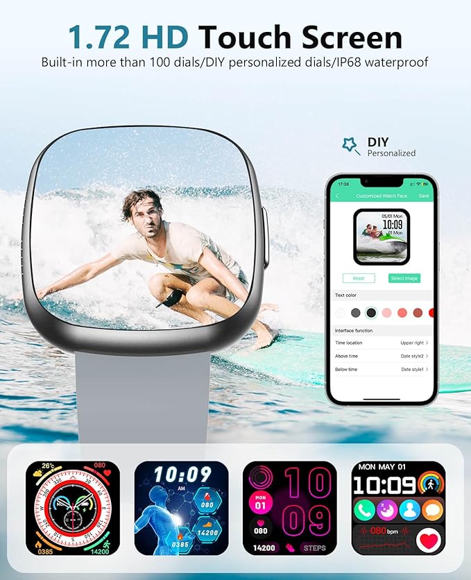 Smart Watches for Men Women with Bluetooth Call 1.72" HD Touch Screen Fitness Watch with Heart Rate/Sleep Monitor,100+ Sports Modes Fitness Tracker Smartwatch with IP68 Waterproof for Android iOS,Grey