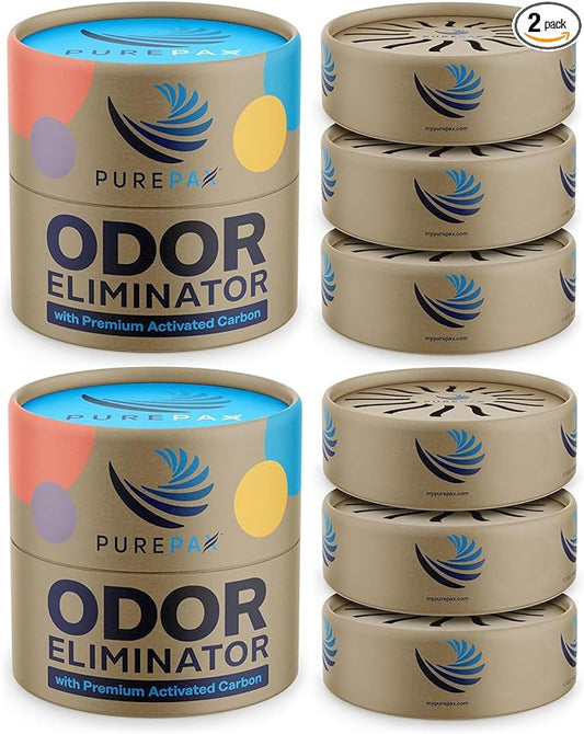 PUREPAX Odor Eliminator For Small Spaces - Premium Activated Carbon Charcoal Unscented 3 Count (Pack of 2) - Strong Odor Remover for Shoes, Fridge, Diaper Pail, Closet, Drawers, Car, Locker, Gym Bag