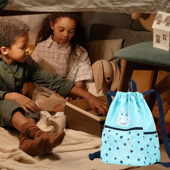 Drawstring Backpack for Kids - Panda Bags for Girls Mini Gym Dance Beach Swim Travel Bag With Two Water Bottle Holder Light Blue