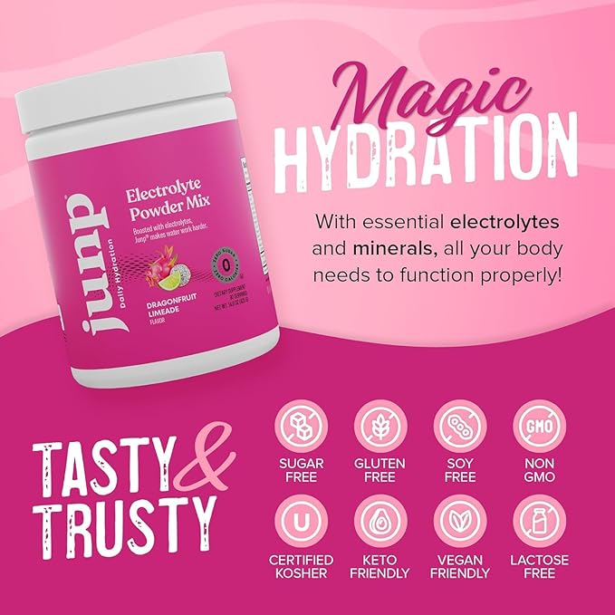 JUNP Electrolytes Powder No Sugar No Carbs - Dragonfruit Limeade Keto Electrolyte Drink Mix - Potassium & Salt Hydration Powder Electrolytes Zero Calorie Sugar Free Electrolyte Powder, 90 Servings