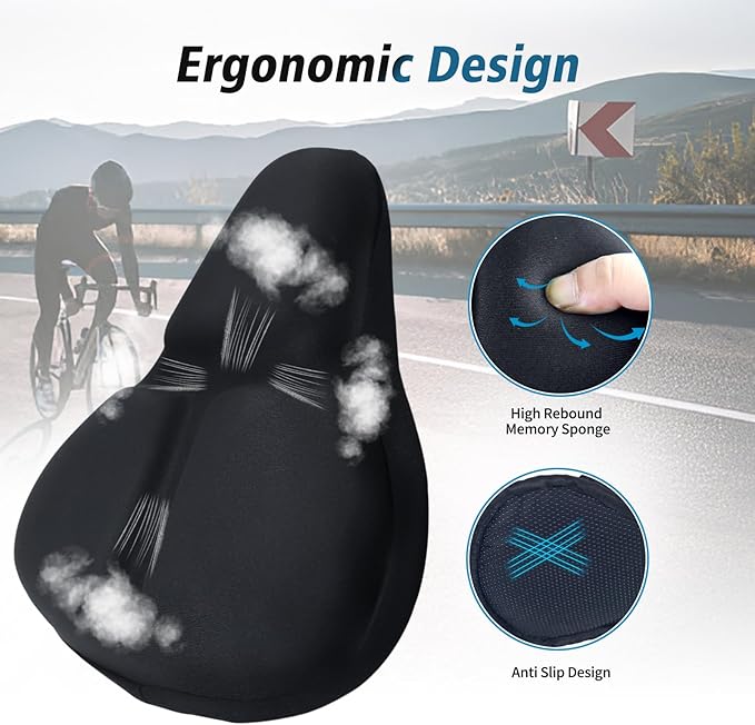 Bike Seat Cover, HUIOK Wide Gel Exercise Bike Seat Cushion for Women Men Comfort, Fits Spin, Stationary and Cruiser Bikes, Indoor Outdoor Cycling, Water Dust Resistant Cover Included
