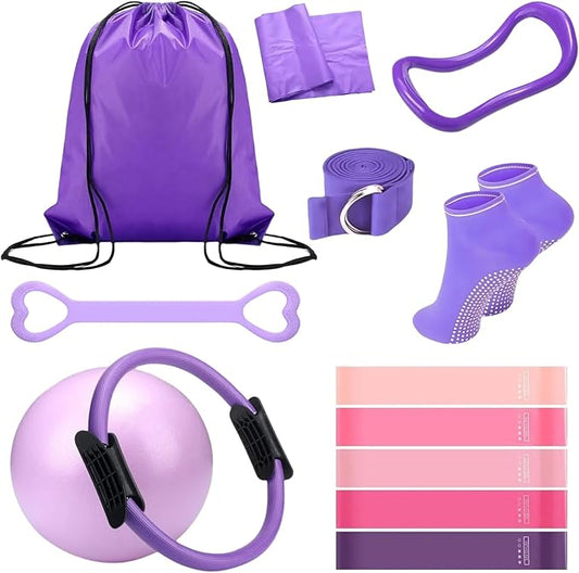 Pilates Essentials Kit for Women - 13-Piece Home Pilates Equipment Set, Includes Pilates Ring, Resistance Bands, Yoga Ball - Perfect for Women's Home Workouts & Beginners