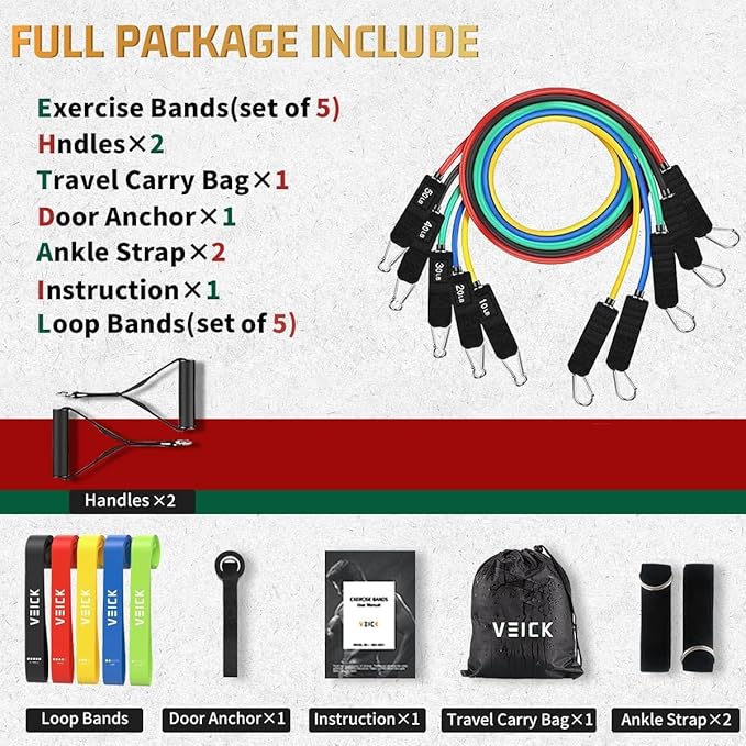 VEICK Resistance Bands, Exercise Bands, Workout Bands, Resistance Bands for Working Out with Handles for Men and Women, Exercising Bands for Fitness Weights Work Out at Home