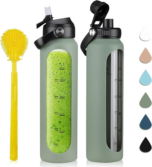 32 oz Glass Water Bottles with 2 Lids-Handle Spout Lid & Straw Lid 1 Liter Motivational Borosilicate Water Bottle with Silicone Sleeve and Time Marker,Leakproof