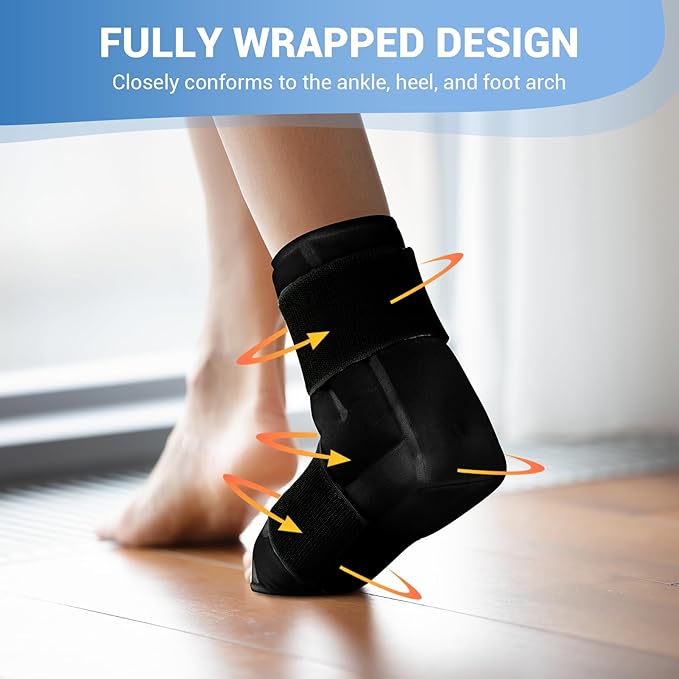 Comfytemp Large Ankle Foot Ice Pack Wrap for Plantar Fasciitis Relief, Feet Brace for Sprained Ankle, Heel Spur, Swelling, Tendonitis, Pain, Hot & Cold Therapy, Surgery Get Well Gift, 1 Pack (Black)