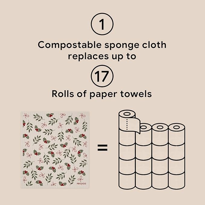 RECYCO 4 Pack Christmas Swedish Dishcloths for Kitchen | Jolly Holiday Washable Dish Towels | Cellulose Reusable Cleaning Paper Towels | Absorbent Counter Dish Cloth Sponge Kitchen Wipes, 7" x 8"