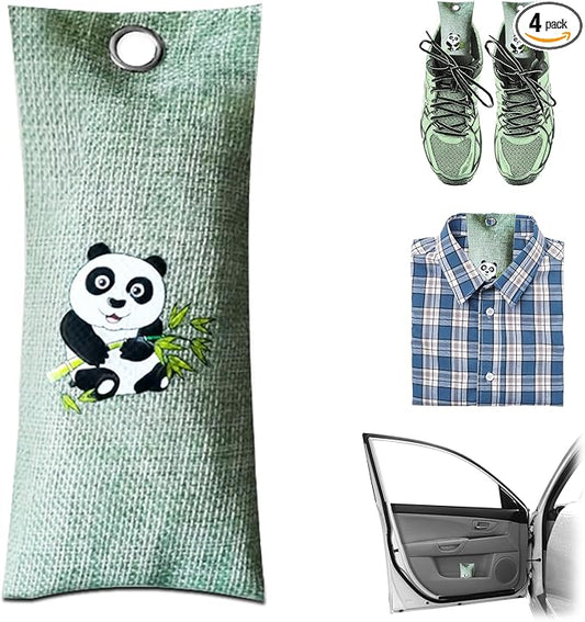 4 Pack charcoal odor absorber,Bamboo Charcoals Air Purifying Bag Charcoals Deodorizer Eliminator for Strong Odors in Car, Closet, Shoe, Basement (75G*4 Pack Panda, Unscented)