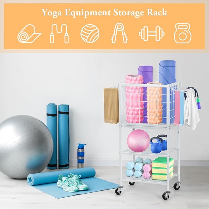 Dumbbell Rack for Home Weight Rack for Home Gym Yoga Mat Storage Rack Black Workout Equipment Storage Organizer with Hooks Yoga Mat Holder with Wheels for Yoga Block, Dumbbell, Resistance Band