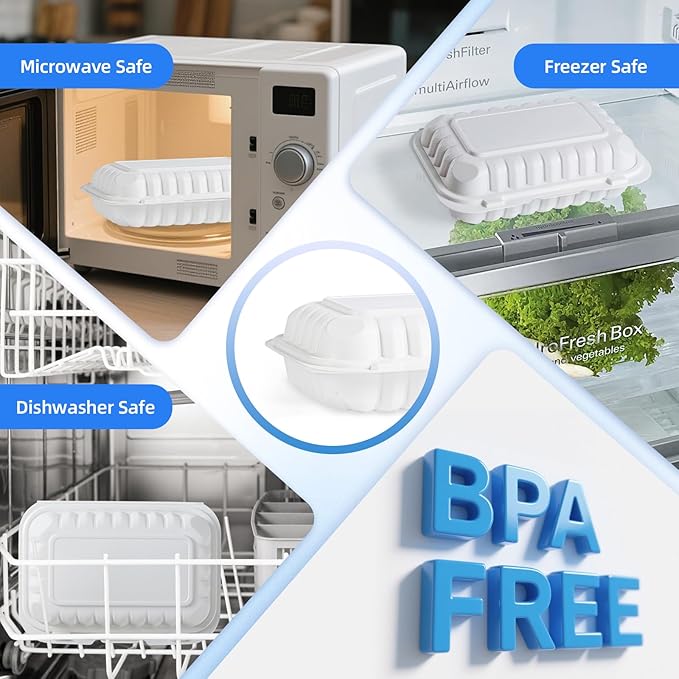 YANGRUI Food Containers 9x6 Inch 28 oz 50 Pack - Shrink Wrap Mineral-Filled BPA Free PP Plastic | Reusable Heavy Duty Freezer & Microwave Safe | Restaurant Grade White Clamshell Takeout Container