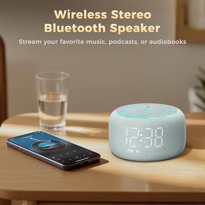 White Noise Machine Alarm Clock: Auto-Dimmable Clock for Bedrooms - 5W Stereo Bluetooth Speaker - Sound Machine with 24 Sleep Sounds for Adults Kids