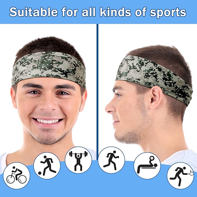 9 pcs Sweatbands for Men Workout Sport Headbands for Men Camo Headband Sweat Absorbing Headband Wide Sweatband for Head Basketball Football Cycling Running Yoga, 4.7 x 9.8 Inch
