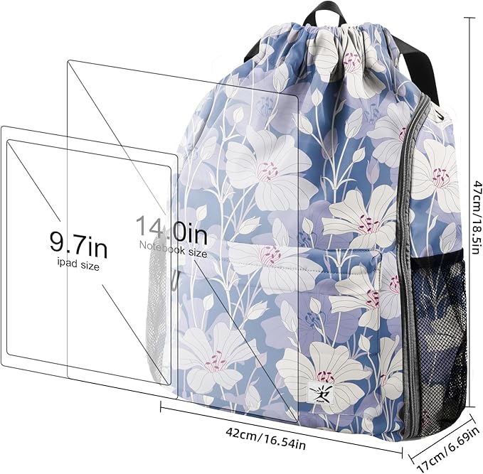 Drawstring Backpack with Mesh Pockets String Gym Bag Sackpack Sandproof Water Resistant Beach Backpack for Men Women