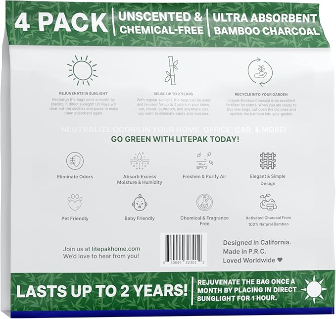 Litepak Shoe Deodorizer and Odor Eliminator Activated Charcoal Odor Absorber for Shoes and Gym Bags, Natural Bamboo Air Freshener for Boots, Closet Or Car (16 Pack)