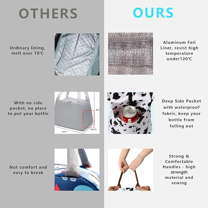 Joymee Lunch Bag Women Insulated Lunch Box Reusable Leakproof Large Spacious Cooler Tote for Womens Mens Adults with Bottle Holder and Side Pockets for Work Office Travel Picnic - Cow