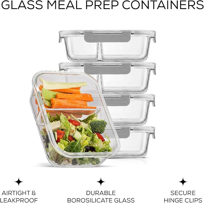 JoyJolt Divided Food Storage Containers with Lids Airtight. 5 Pack Glass Meal Prep Containers 2 Compartment Set Glass Bento Box. Reusable Food Containers, Portion Control Containers for Weight Loss