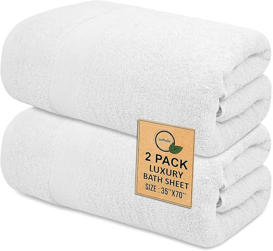 100% Cotton Luxury Bath Sheets - Pack of 2 (35" x 70") | Super Soft, Quick-Dry & Highly Absorbent Towels for Bathroom, Home, Spa & Gym (White)