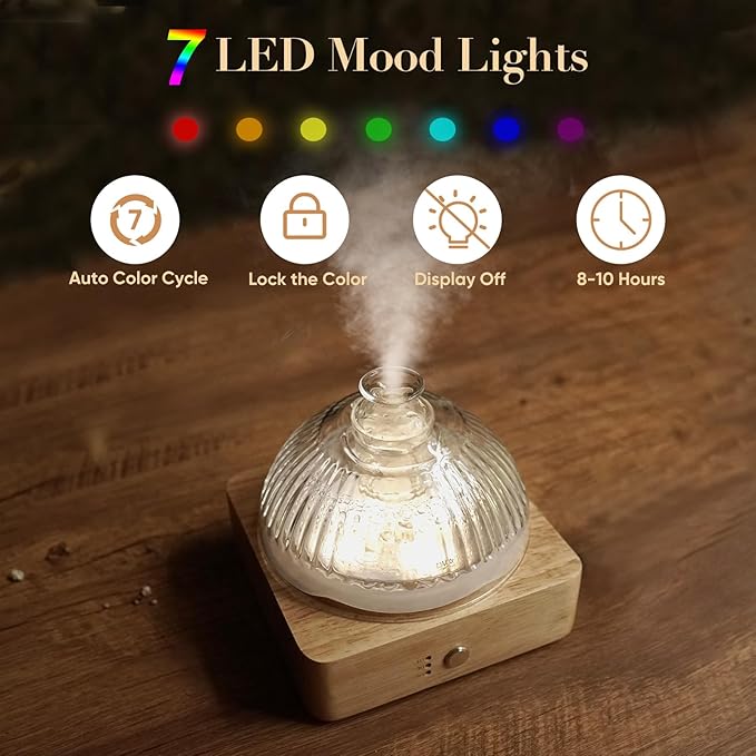 Glass Dome Essential Oil Diffuser with Glass Reservoir & Wood Base-No Plastic, 200ml Ultrasonic Diffuser for Aromatherapy with Timer 7 Color Light Auto-Off for Home Office Yoga Pilates